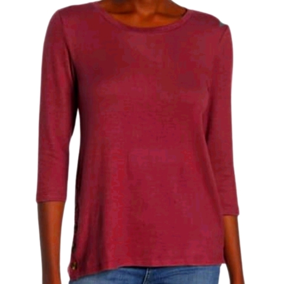 NWT Nordstrom Bobeau Fleece Side Button Pullover Dark Red Top in Size L - Picture 2 of 8